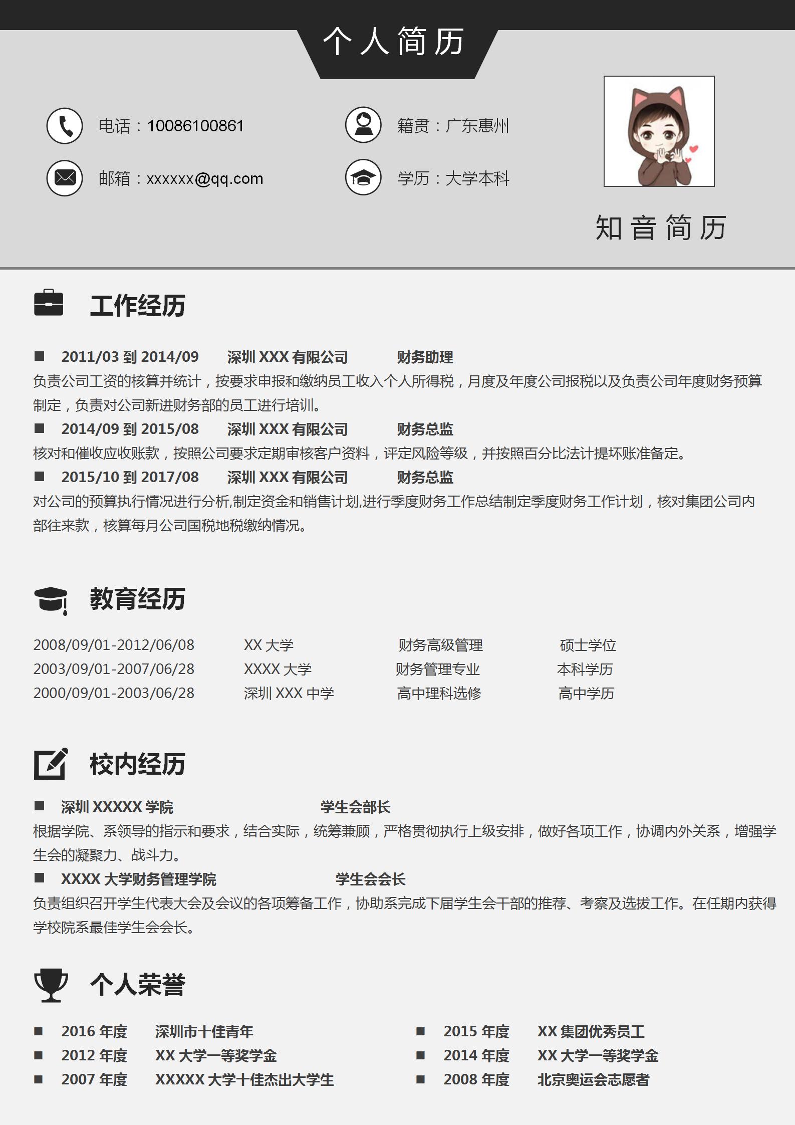 低调严谨的财务简历模板（深灰色）
