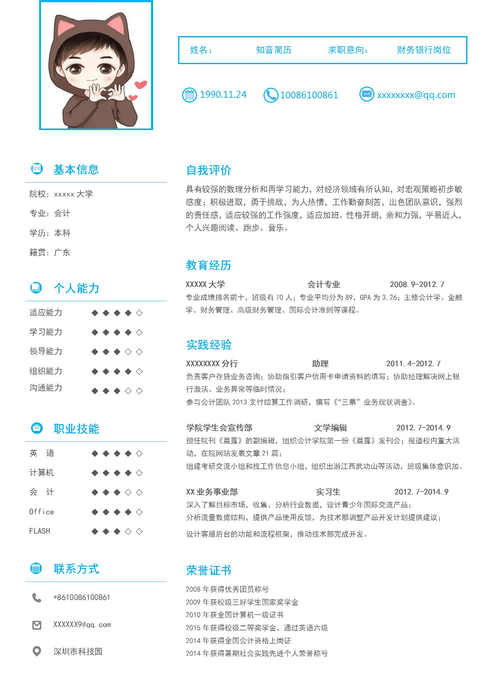 简约的财务简历模板(蓝色白底)