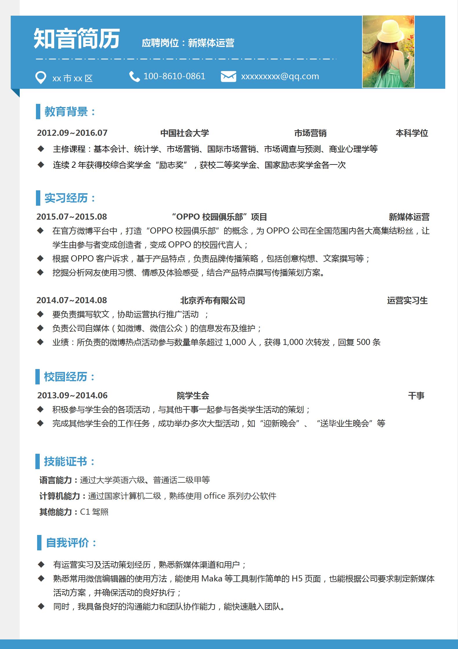 清新大气的新媒体运营简历模板(亮蓝色)