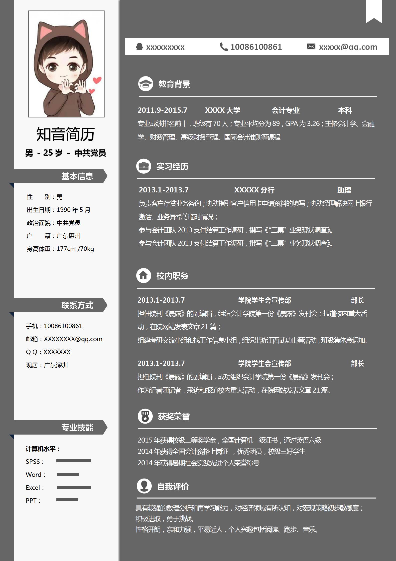 严谨低调的财务简历模板(灰边黑底)