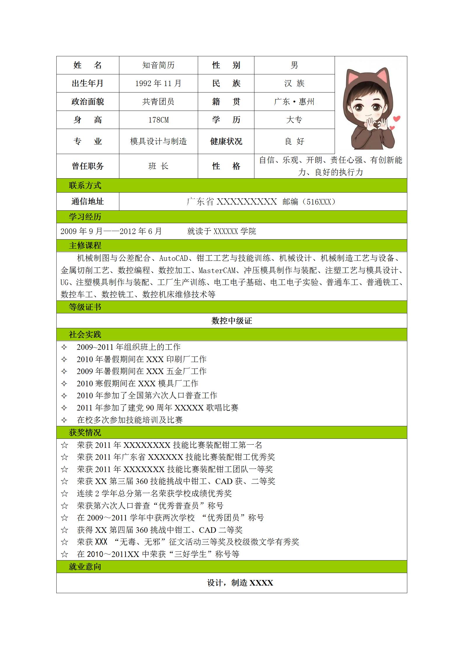 简约明了的应届毕业生简历(翠绿白底)