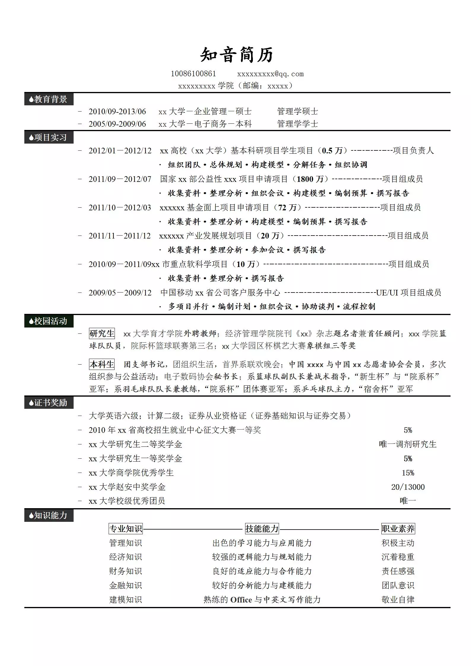 严谨稳重的应届生Word简历模板(黑色白底)