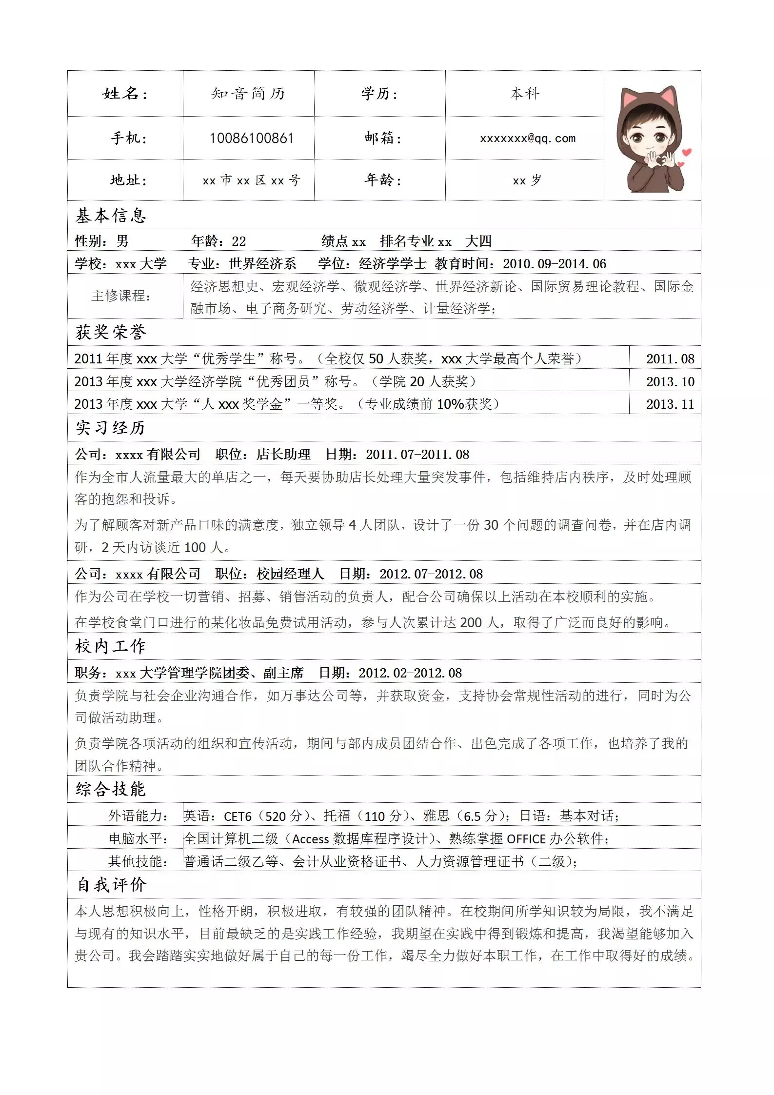 详细全面的应届生Word简历模板(白底黑字)