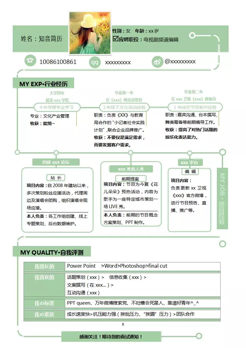 新颖独特的电视剧频道编辑Word简历模板(浅绿白底)
