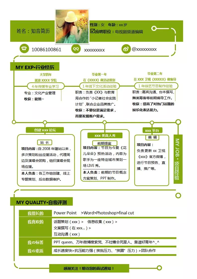 新颖独特的电视剧编辑Word简历模板(黄绿白底)